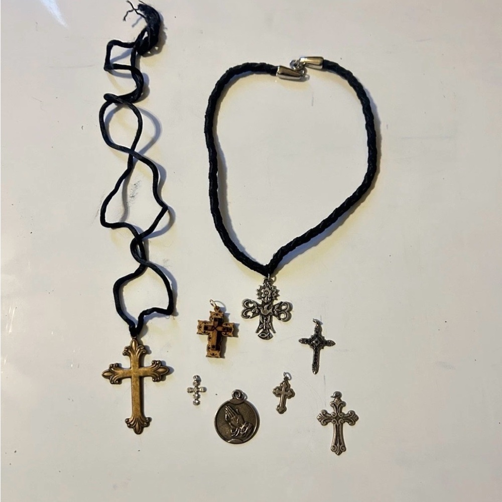 Mixed Cross Pendant Lot with Black Cord Necklaces